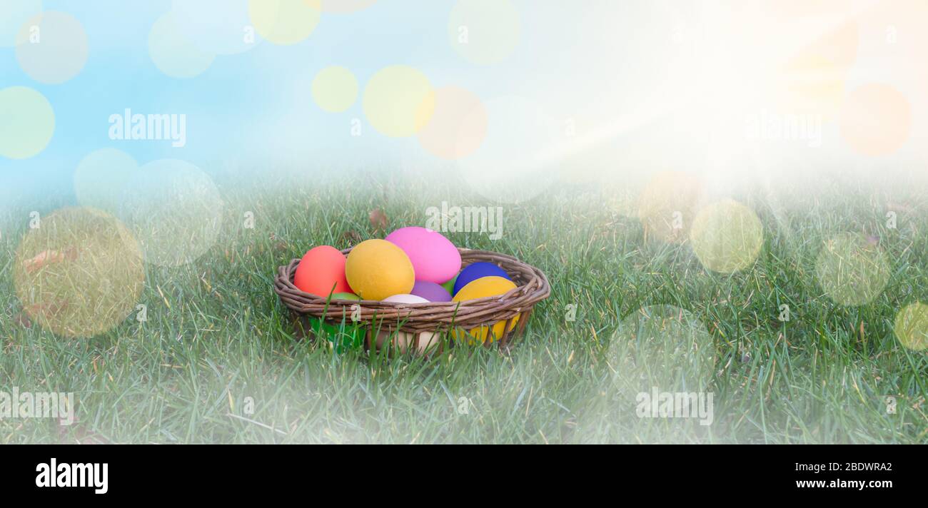 Colorate uova di Pasqua dipinte in un cesto sull'erba. Cielo blu e sfondo di design soleggiato. Concetto di caccia alle uova di Pasqua. Foto Stock