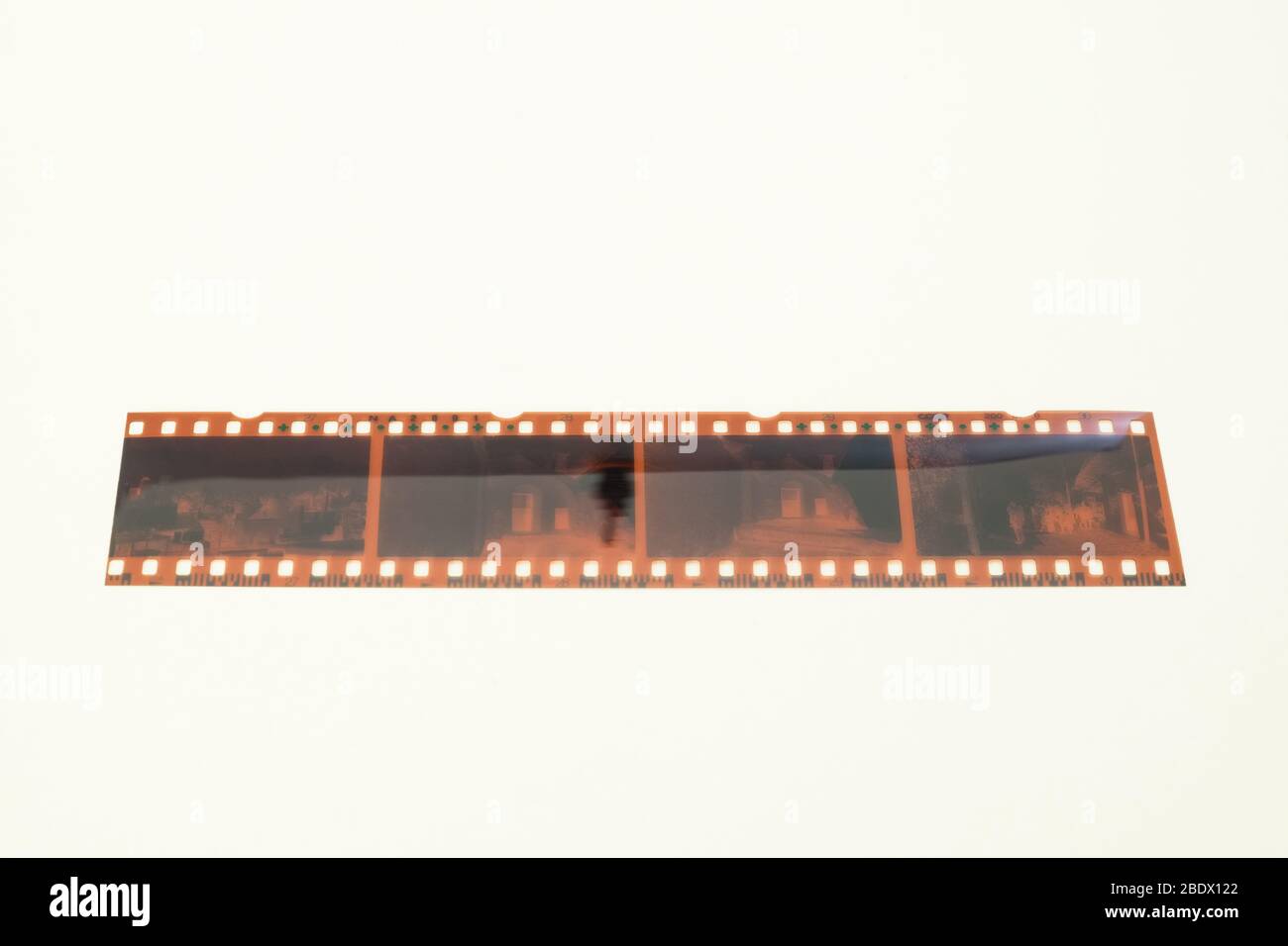 Una striscia negativa analogica a 4 fotogrammi viene fotografata sopra uno sfondo bianco. Foto Stock