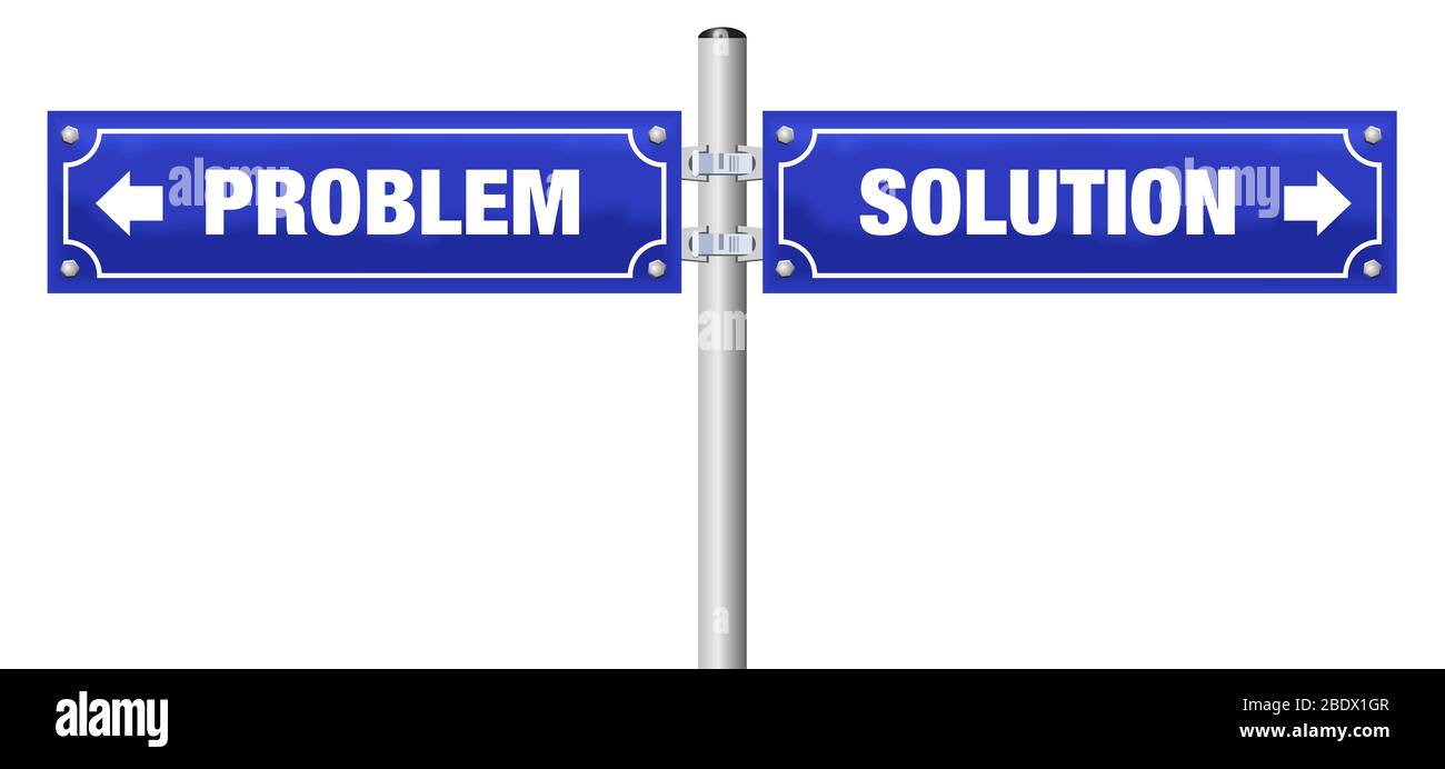 PROBLEMA e SOLUZIONE scritti su cartelli stradali blu - illustrazione su sfondo bianco. Foto Stock