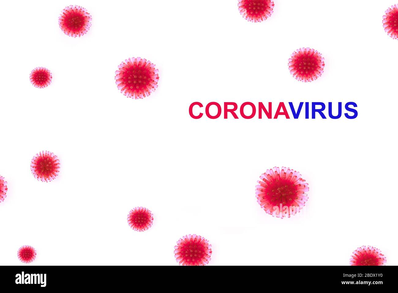 Modello astratto di un ceppo di infezione da coronavirus coronavirus con testo blu e rosso su sfondo bianco, rischio pandemico. Foto Stock