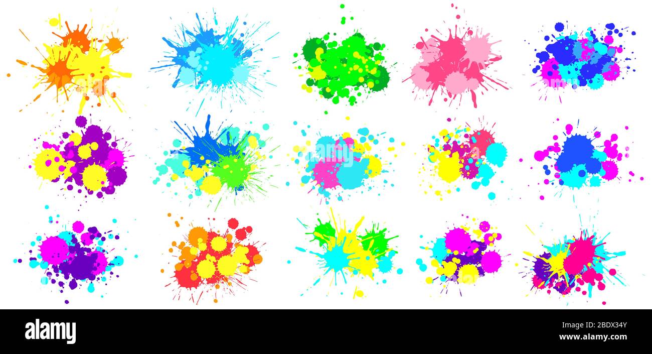 Spruzzi di colore. Vernice splash colorata, gocce di gocciolamento verniciate e colori astratti spruzzi set grafico vettoriale Illustrazione Vettoriale