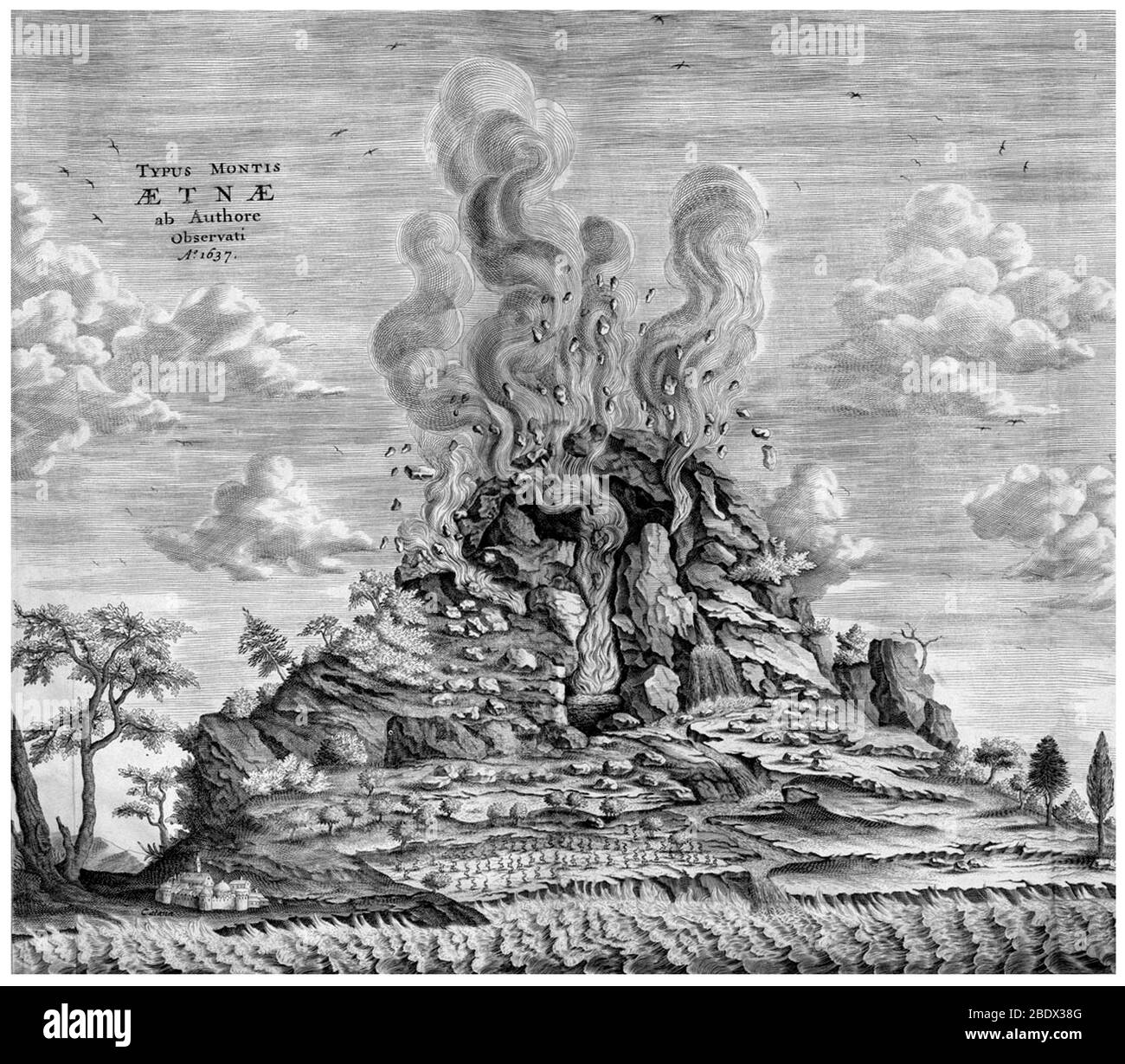 Il gesuita Atanasio Kircher (2 maggio 1602 - 28 novembre 1680) ha assistito alle eruzioni dell'Etna e di Stromboli, poi ha visitato il cratere del Vesuvio e pubblicato la sua visione di una Terra con un fuoco centrale collegato a numerosi altri causati dall'incendio di zolfo, bitume e carbone. L'Etna è uno stratovulcano attivo sulla costa orientale della Sicilia. L'Etna è uno dei vulcani più attivi al mondo ed è in uno stato di attività quasi costante. I fertili terreni vulcanici sostengono un'agricoltura estensiva, con vigneti e frutteti sparsi sulle pendici inferiori della montagna e. Foto Stock