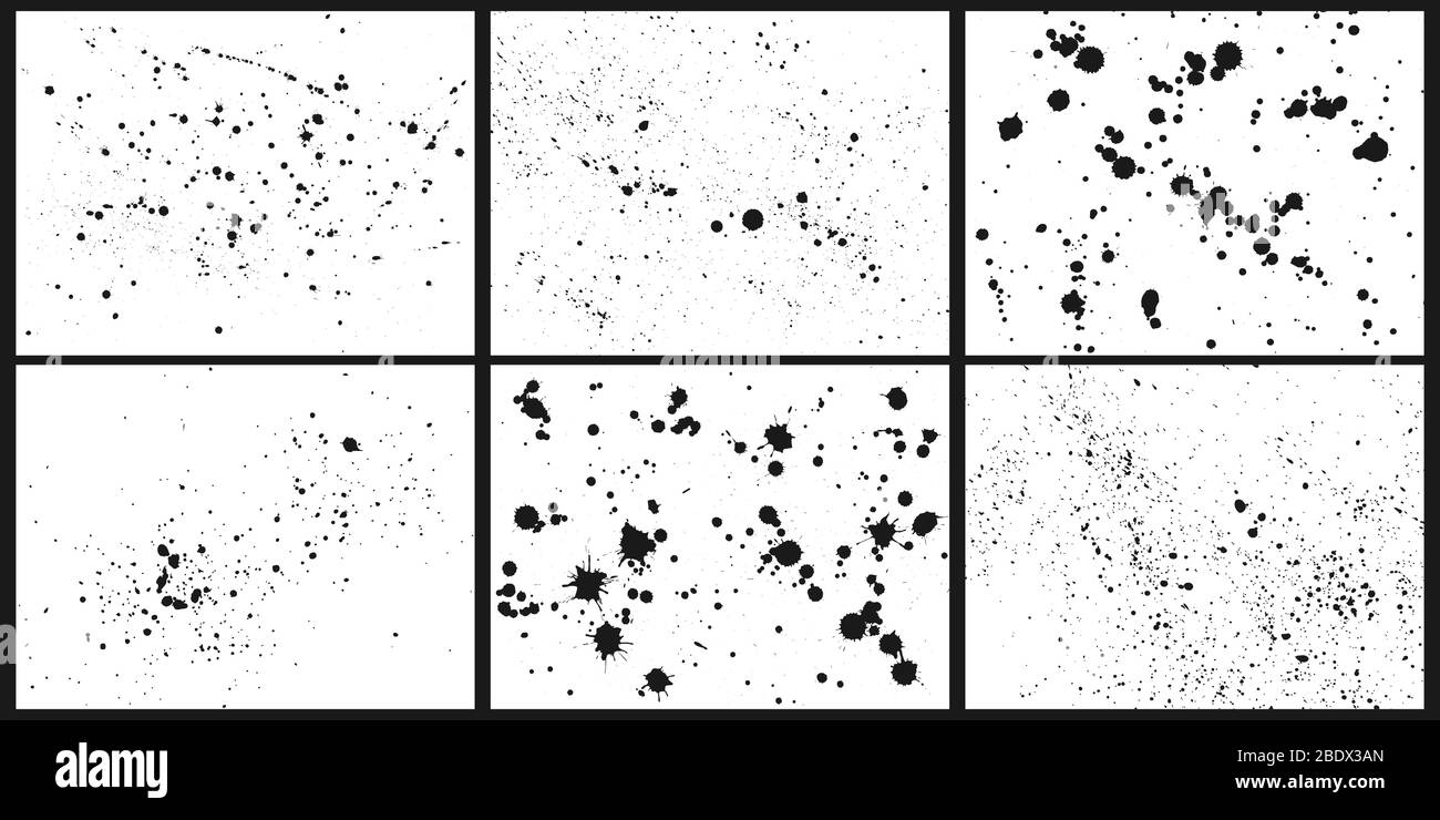 Sfondo dello spruzzi d'inchiostro. Insieme vettoriale di macchie di silhouette con schizzi di vernice nera astratta, gocce di inchiostro spruzzate e puntini Illustrazione Vettoriale