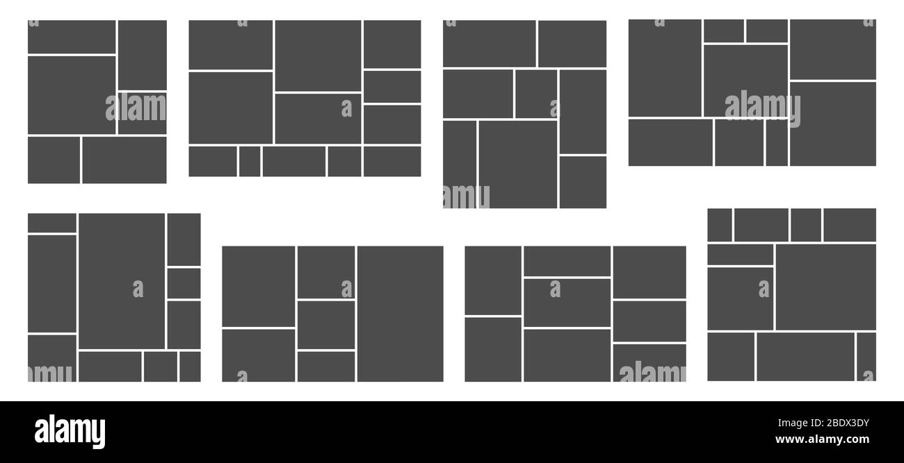 Collage foto quadrato. Modello griglia foto, cornice rettangolare e set di modelli vettoriali per la composizione delle immagini Illustrazione Vettoriale