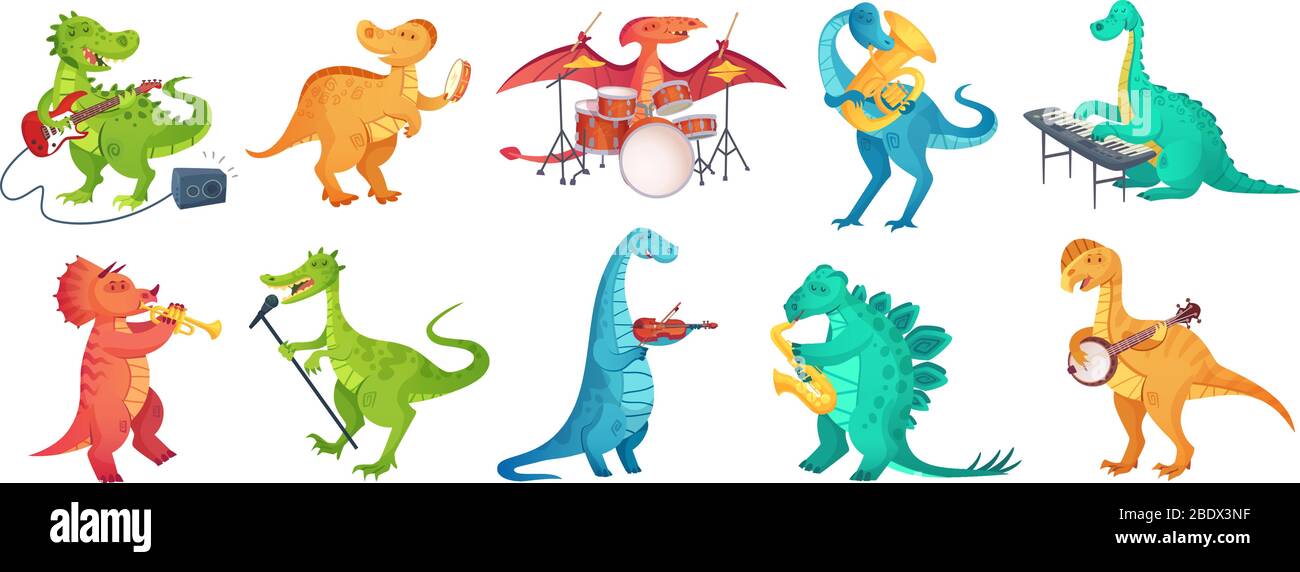 Dinosauro suonare musica. Tyrannosaurus rockstar suona chitarra, dino batterista e cartoon dinosaurs musicisti illustrazione vettoriale set Illustrazione Vettoriale
