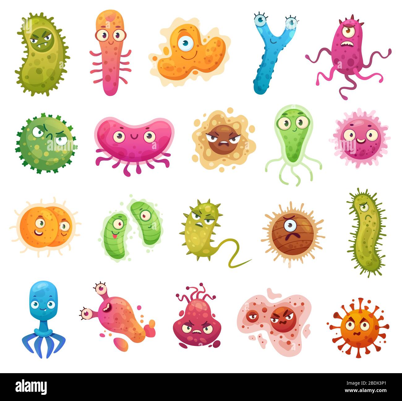 Mascotte di batteri cartoni animati. Personaggio del virus, batterie con volti divertenti. Set di illustrazioni vettoriali isolate per microbi di colore e virus di malattia Illustrazione Vettoriale