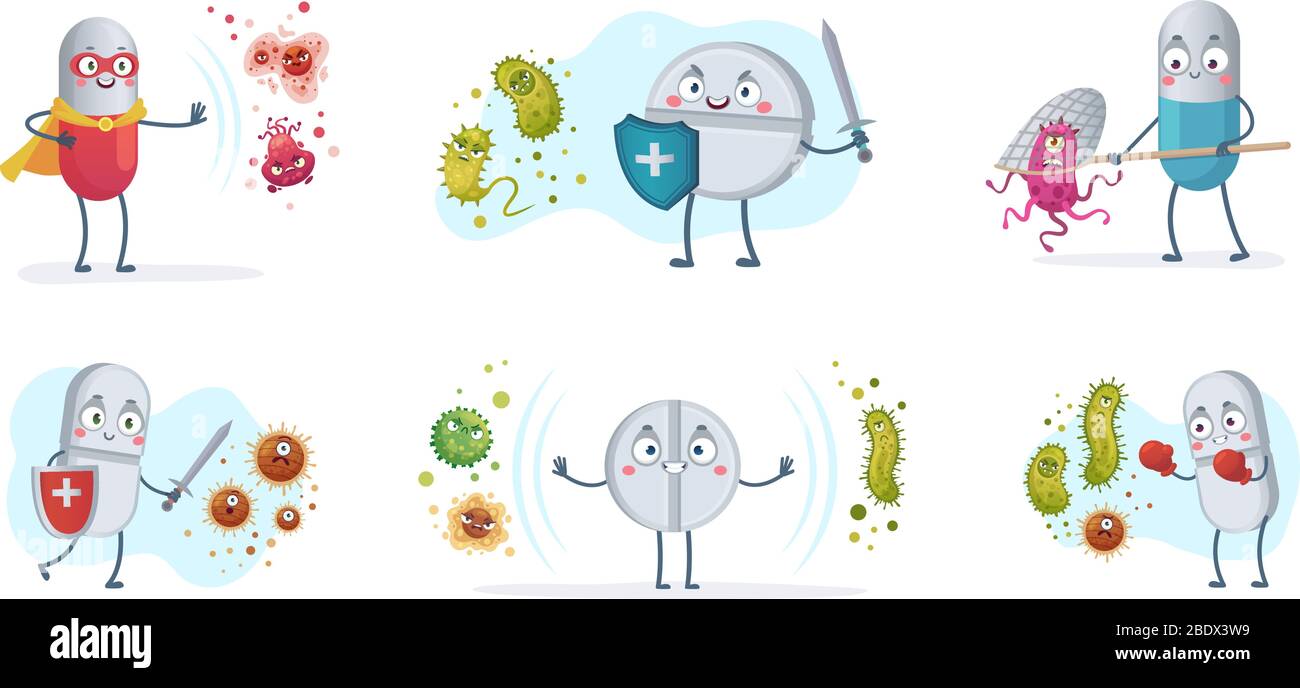 Lotta contro gli antibiotici batteri e virus. Pillole di antibiotici forti con scudo proteggono da batteri, pillola medica contro virus vettore cartoni animati illustrazione Illustrazione Vettoriale