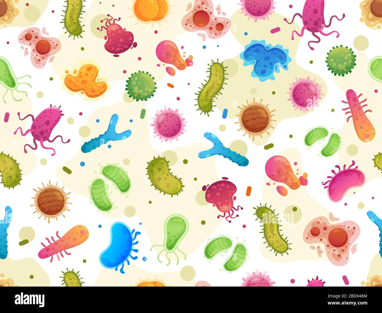 Pattern batterico senza cuciture. Germi di colore, cellule di microrganismo organismi microscopici e virus cartoni animati illustrazione vettoriale Illustrazione Vettoriale