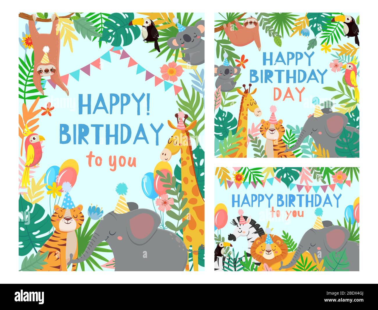 Cartoon Happy Birthday Animals Card. Congratulazioni carte con simpatico safari o giungla animali party in foresta tropicale vettore illustrazione set Illustrazione Vettoriale