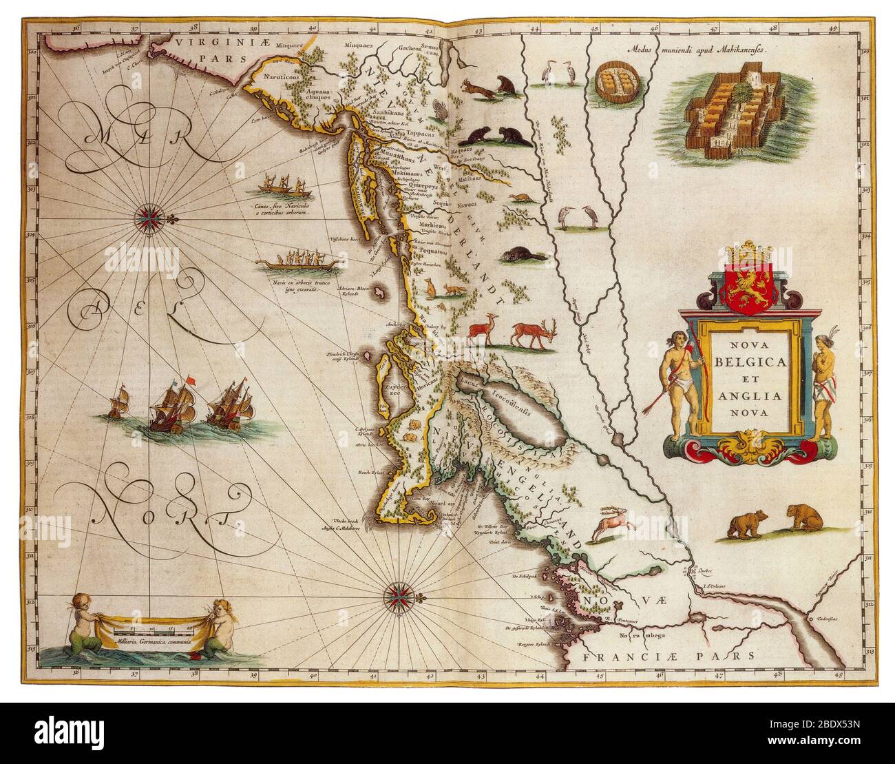Joan Blaeu, Nova Belgica e Nova Anglia Map, XVII secolo Foto Stock