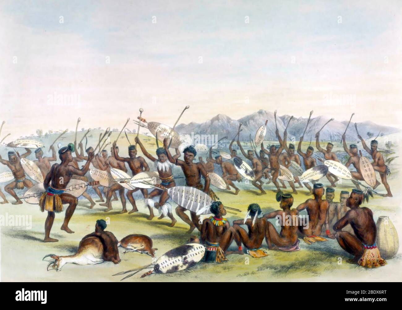 Sudafrica, Zulu Hunting Dance, 1840 Foto Stock