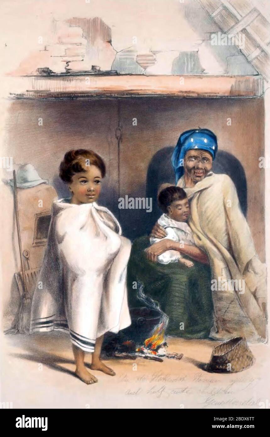 Sudafrica, nonna Khoikhoi con nipoti, 1840 anni Foto Stock