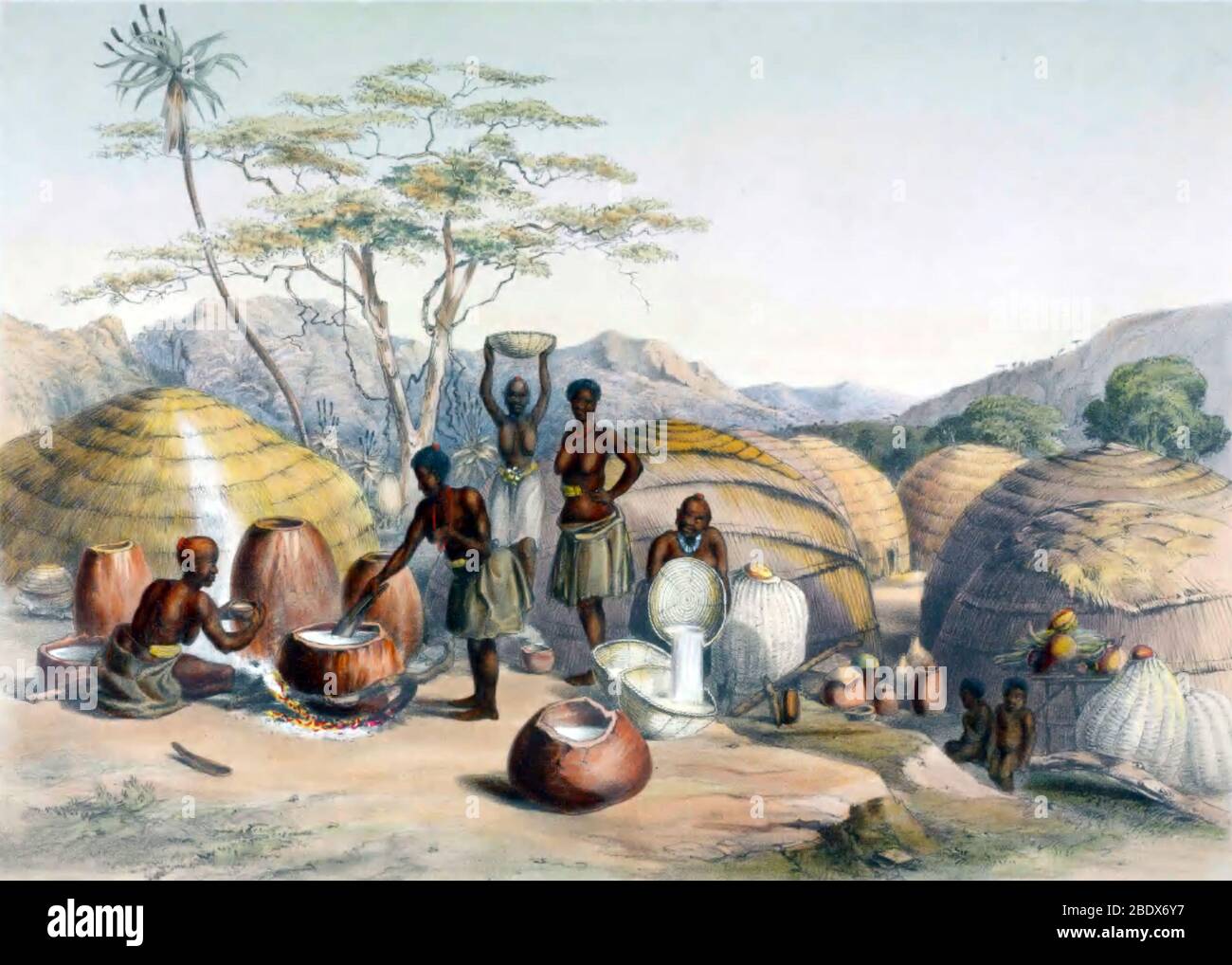 Sudafrica, Zulu Women Making Beer, 1840 Foto Stock