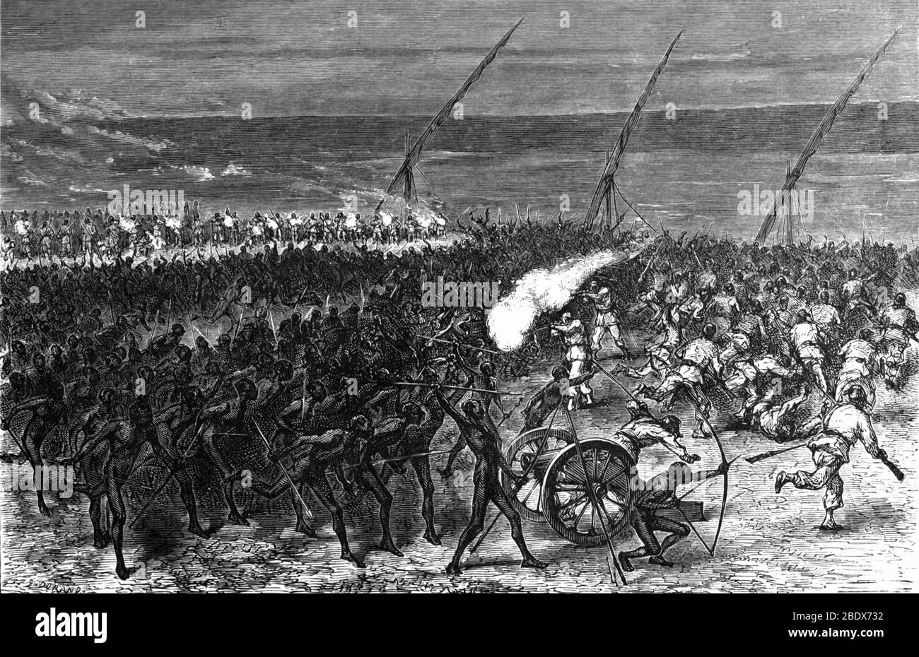 I Guerrieri di Bari attaccano la spedizione militare di Samuel Baker, XIX secolo Foto Stock