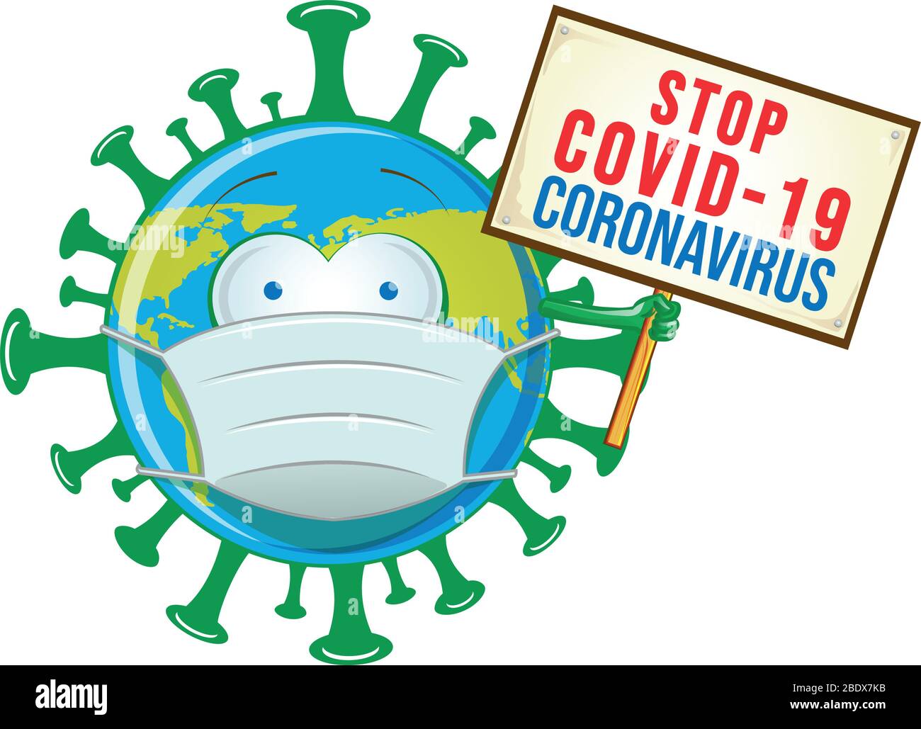 stop malvagio coronavirus personaggio cartoon con cartello Illustrazione Vettoriale