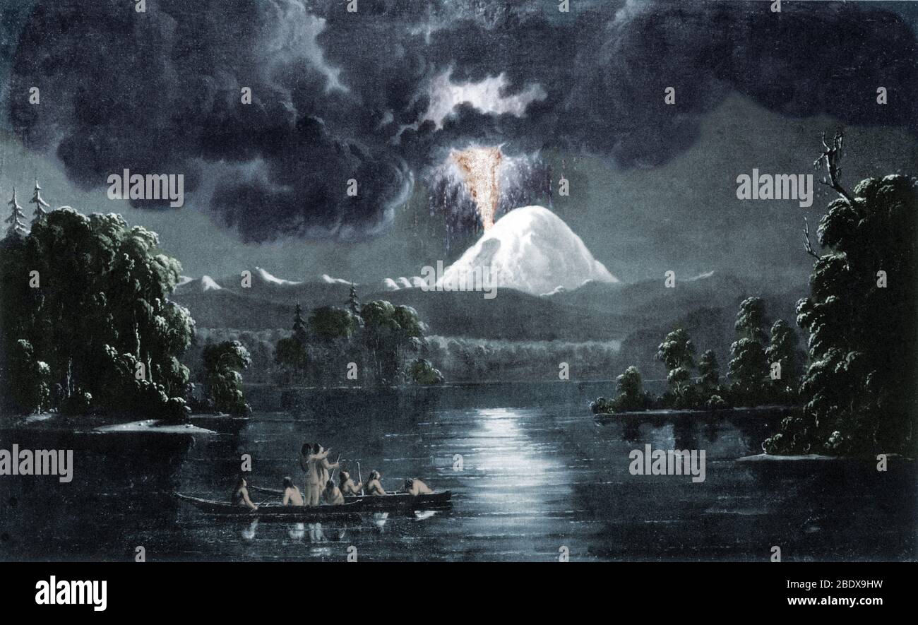 Nativi americani sul fiume Cowlitz guardando un'eruzione del Monte Sant'Elena, 1847. Le leggende indiane di Cowlitz raccontano un periodo in cui il Monte Rainier ebbe un argomento con le sue due mogli, il Monte Sant'Elena e il Monte Adams. Il Monte St. Helens divenne geloso, soffiò la sua cima e bussò la testa al Monte Rainier. Dipinto da Paul Kane (1810-1871). Foto Stock