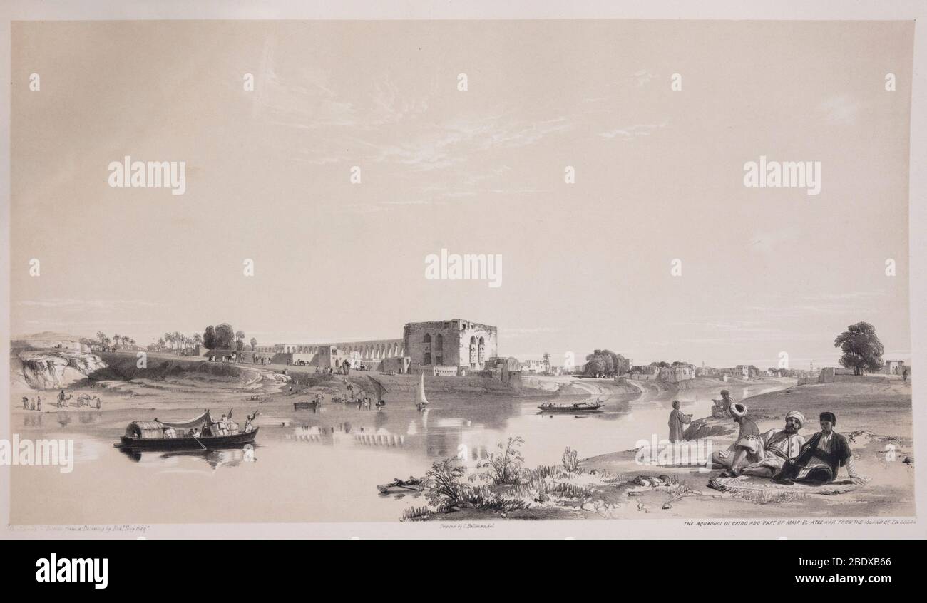Vista dell'Acquaduct da Roda Island, Robert Hay, illustrazioni del Cairo, Londra, 1840 Foto Stock