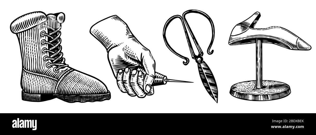 Set di ciottoli. Attrezzature professionali per la riparazione di scarpe. Calzolaio o bootmaker. Vecchio schizzo inciso a mano per etichetta o poster. Illustrazione Vettoriale