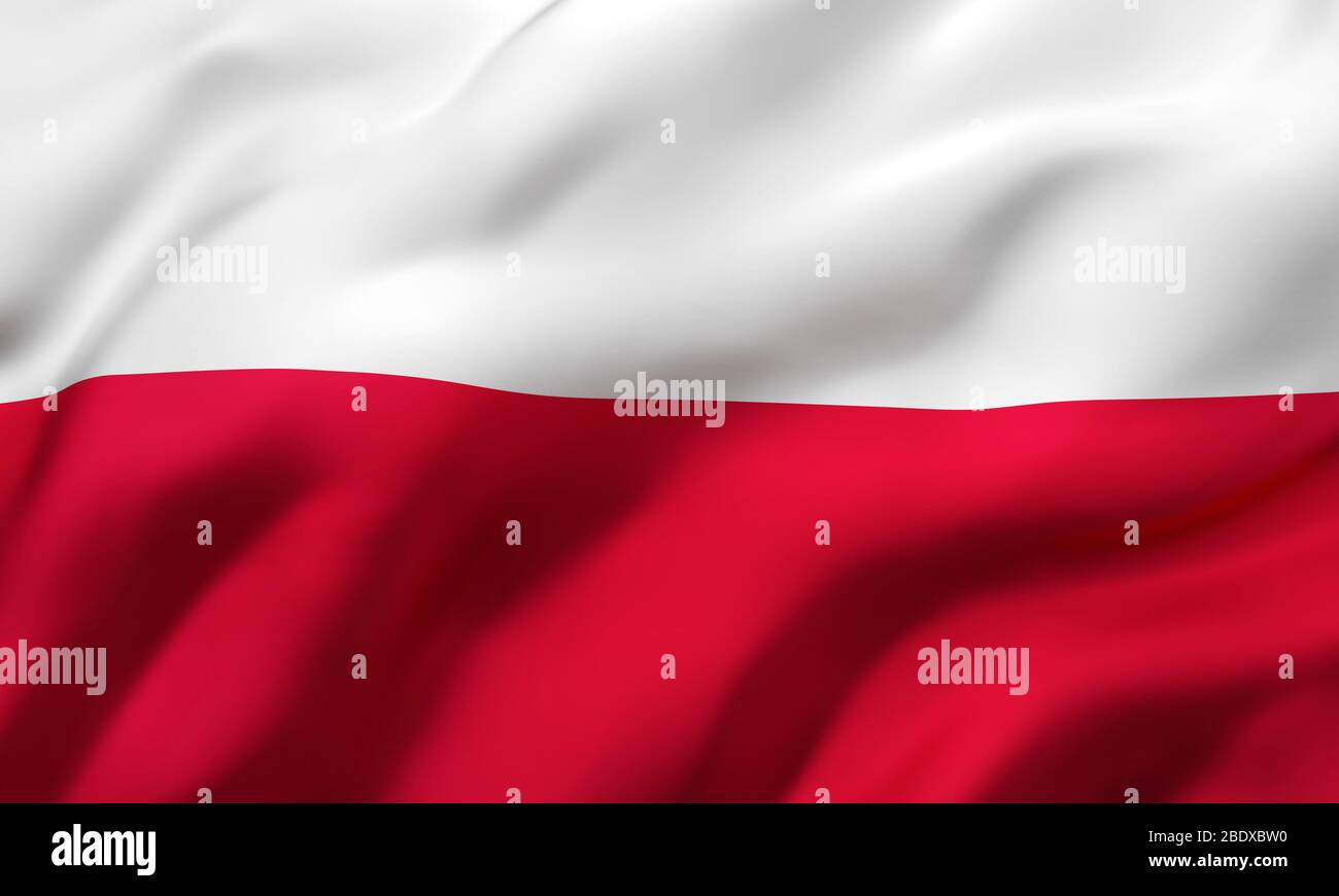 Bandiera della Polonia soffia nel vento. Bandiera di volo polacca a pagina intera. Illustrazione 3D. Foto Stock