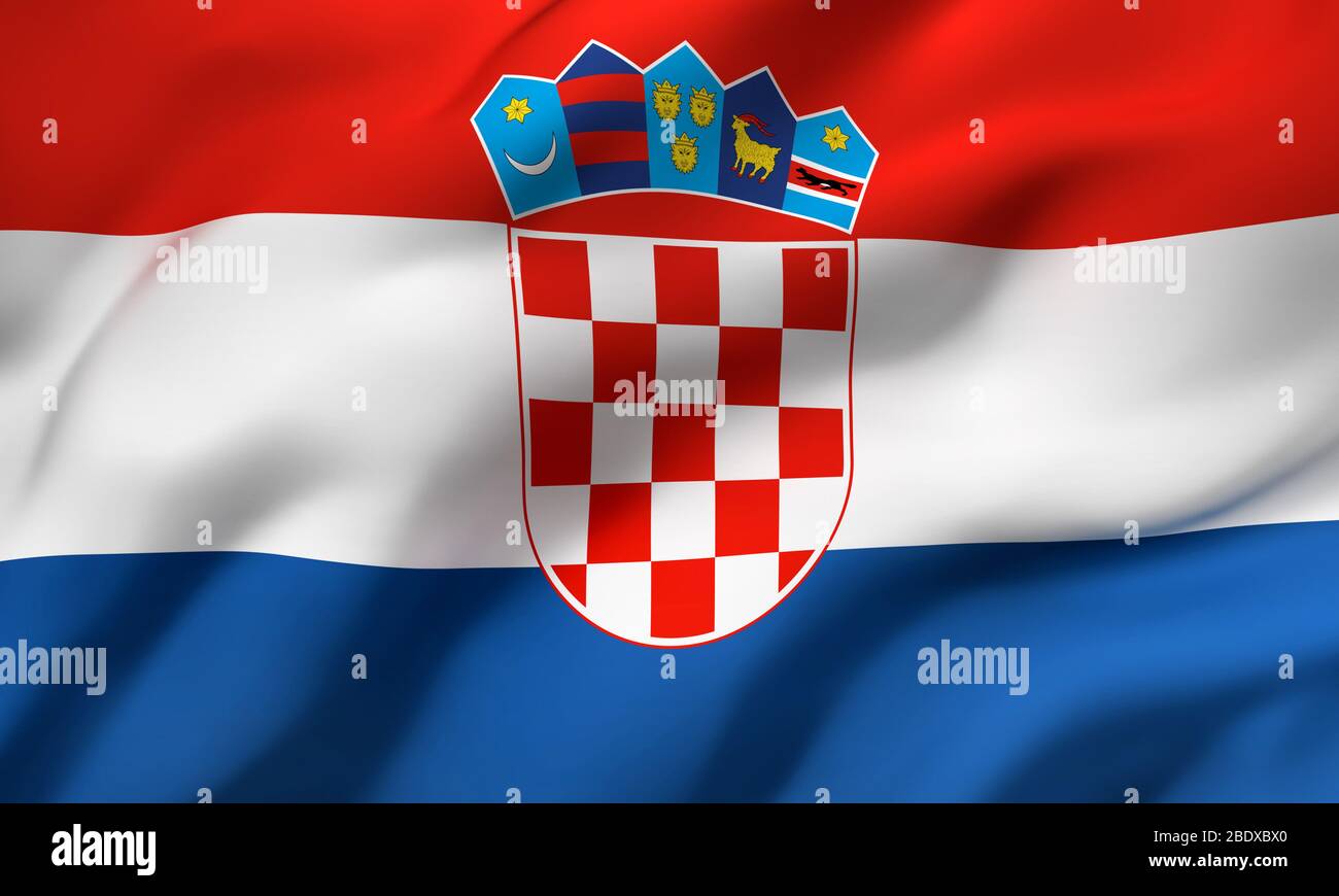 Bandiera della Croazia che soffia nel vento. Bandiera di bandiera croata a pagina intera. Illustrazione 3D. Foto Stock