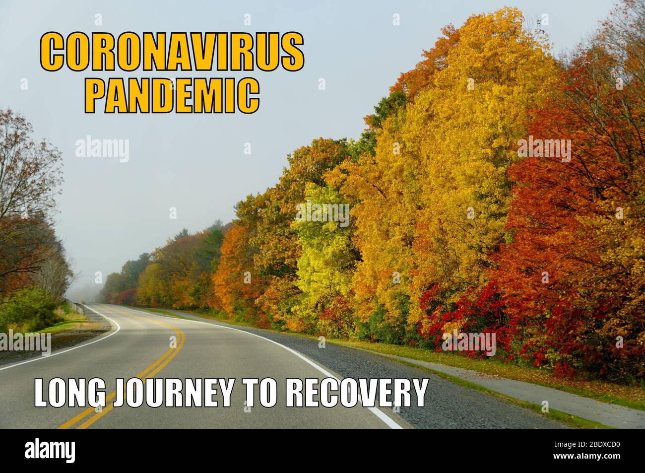 Coronavirus pandemia lungo viaggio di recupero con il background di impressionante fogliame caduta Foto Stock