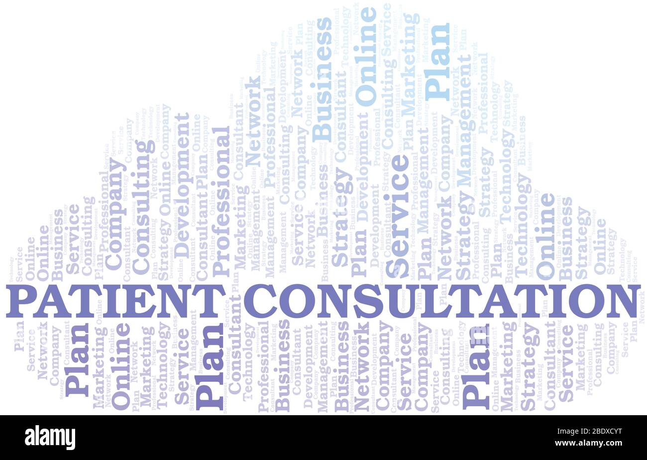 Tipografia di consultazione del paziente, word cloud vettoriale. Collage Wordcloud fatto solo con il testo. Illustrazione Vettoriale