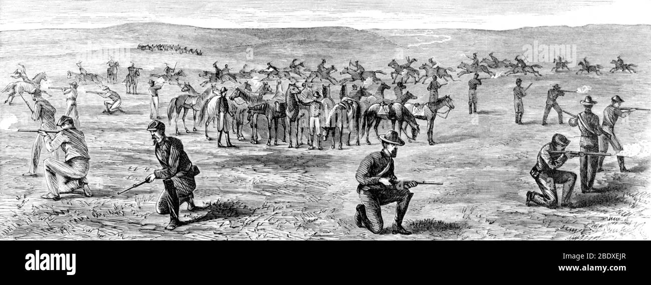 Guerra di Red Cloud, Sioux Attack 7° reggimento cavalleria, 1867 Foto Stock