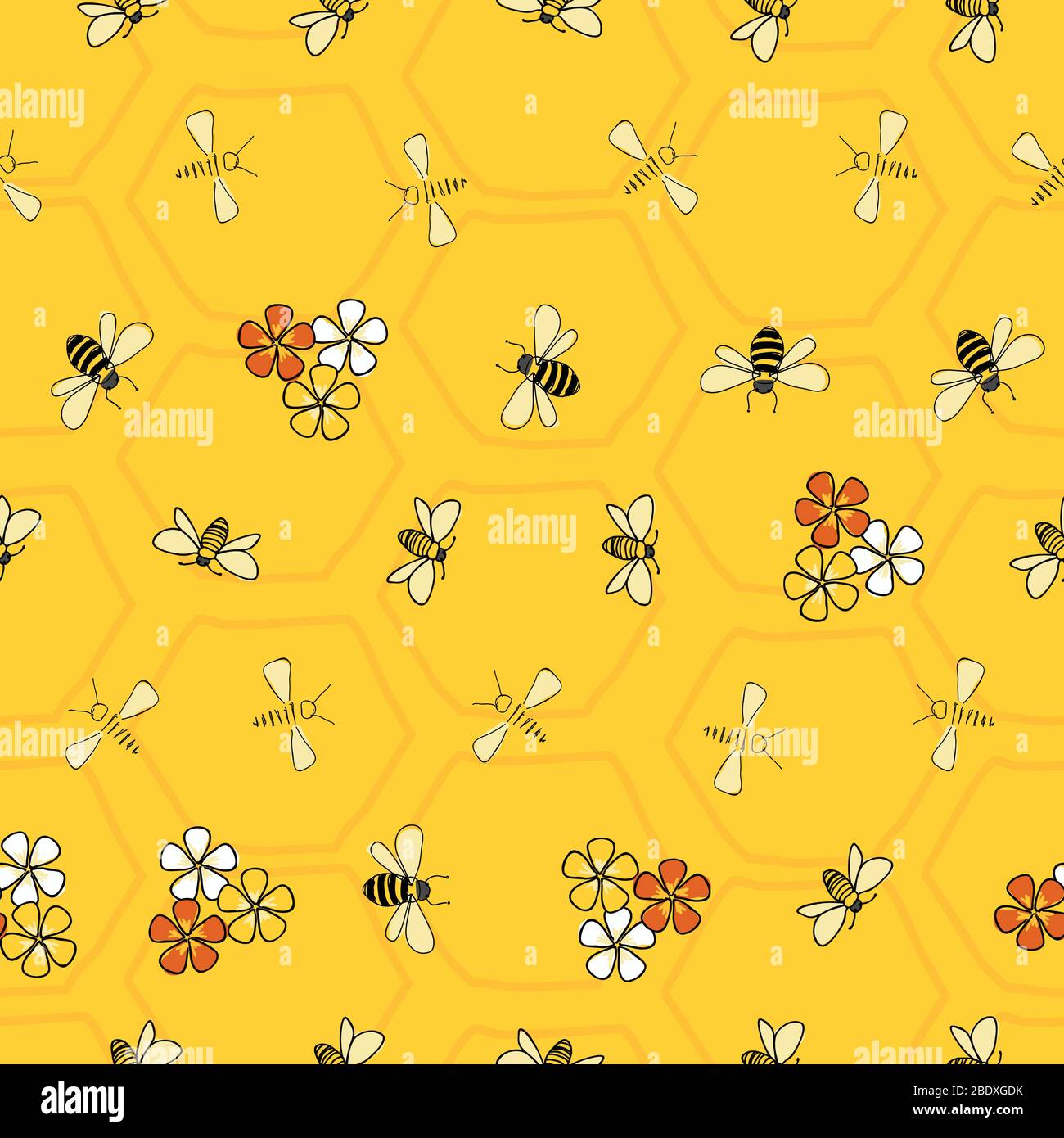 Api e fiori disegno vettoriale senza cuciture su sfondo giallo a nido d'ape disegno di superficie Illustrazione Vettoriale