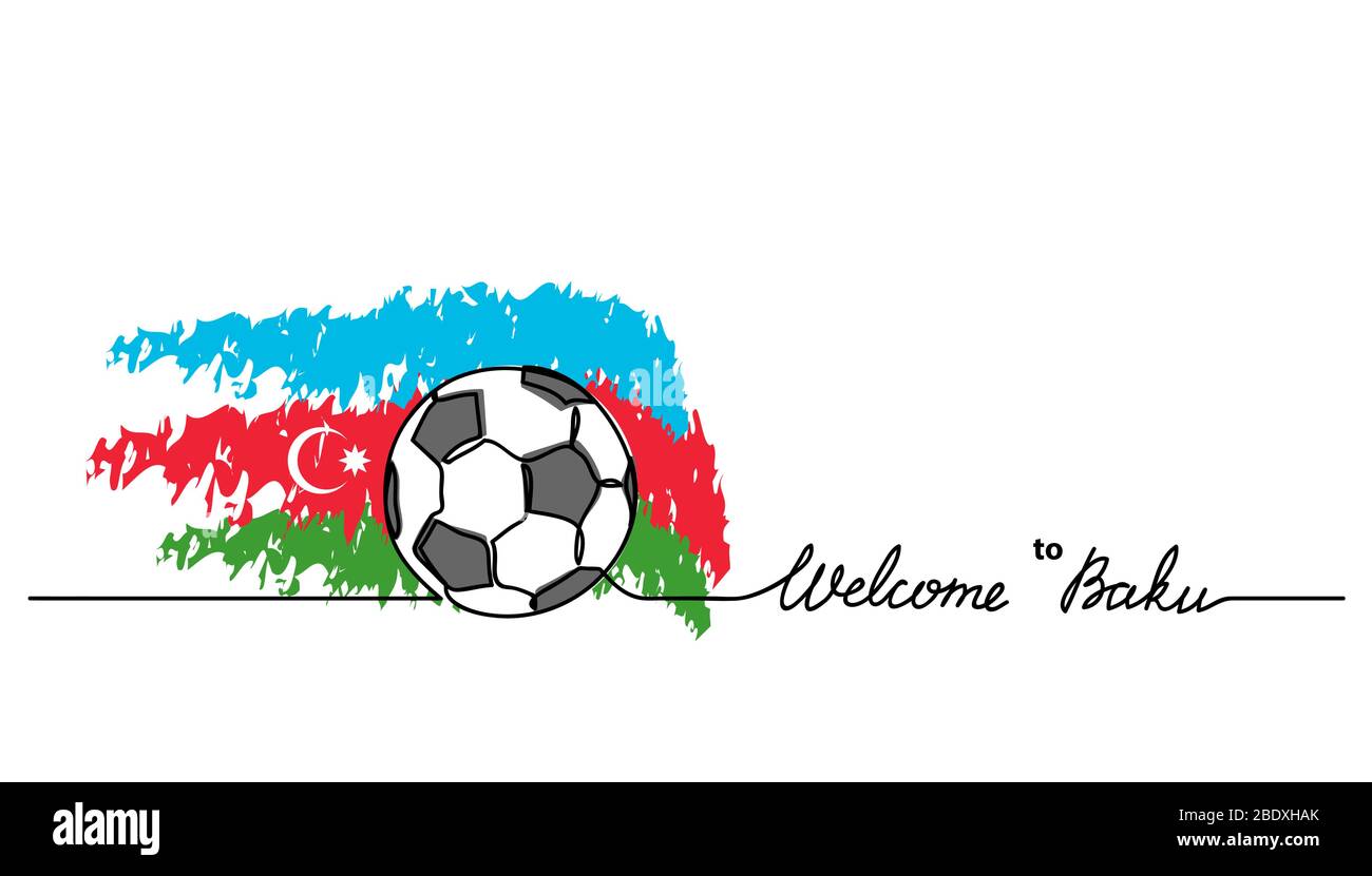 Benvenuto a Baku Simple soccer, banner di calcio. Sfondo vettoriale minimalista con disegno a sfera e bandiera azerbaigiano con lettere. Illustrazione Vettoriale