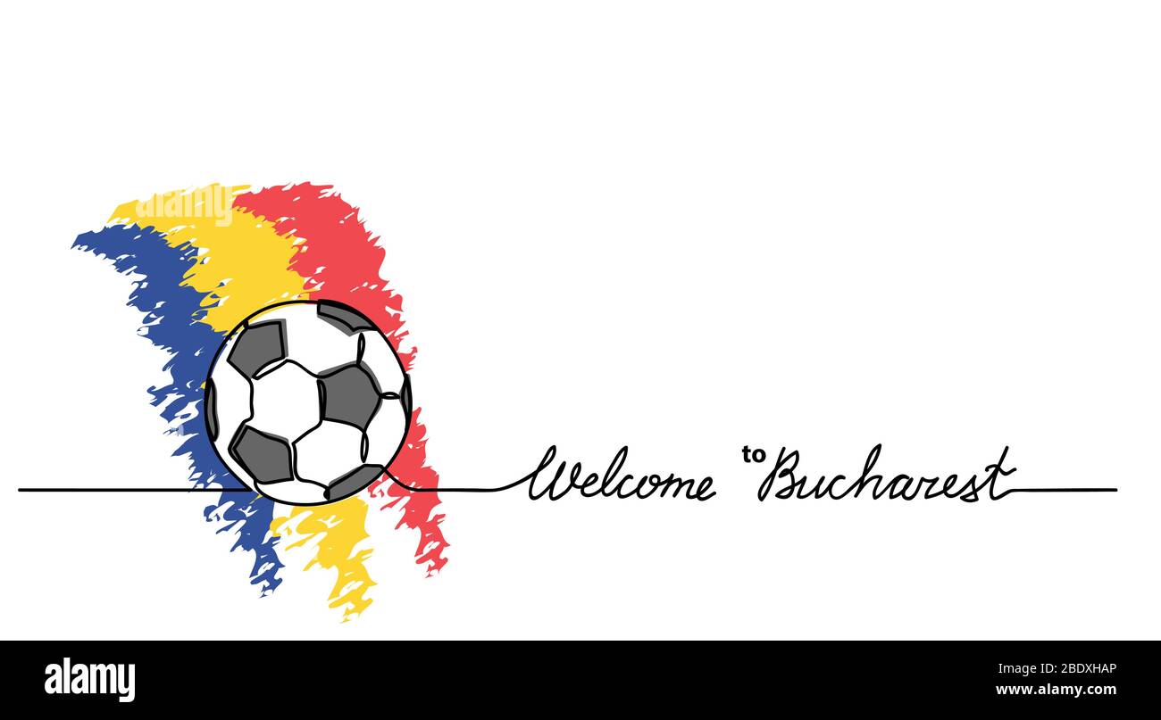 Benvenuti a Bucarest calcio, calcio banner. Sfondo vettoriale minimalista con disegno di palla da calcio e bandiera rumena con lettere. Illustrazione Vettoriale