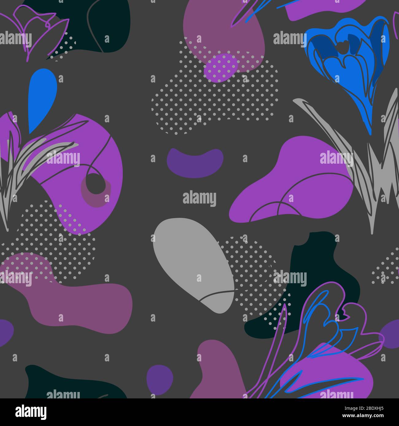 Motivo vettoriale scuro e colorato con fiori in stile memphis. Illustrazione Vettoriale