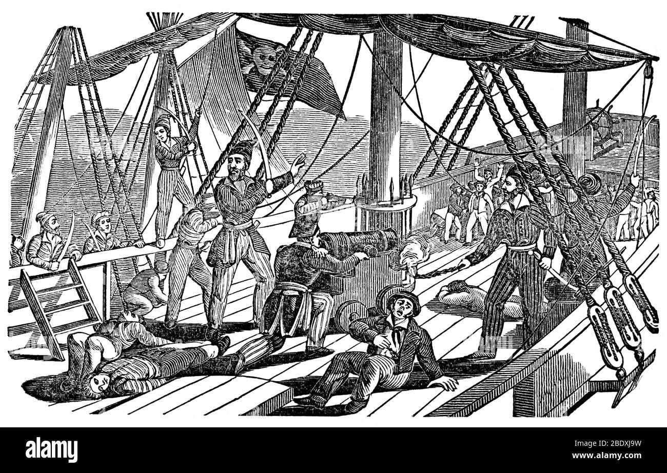 Pirata francese Jean Lafitte e la sua nave di cattura dell'equipaggio Foto Stock