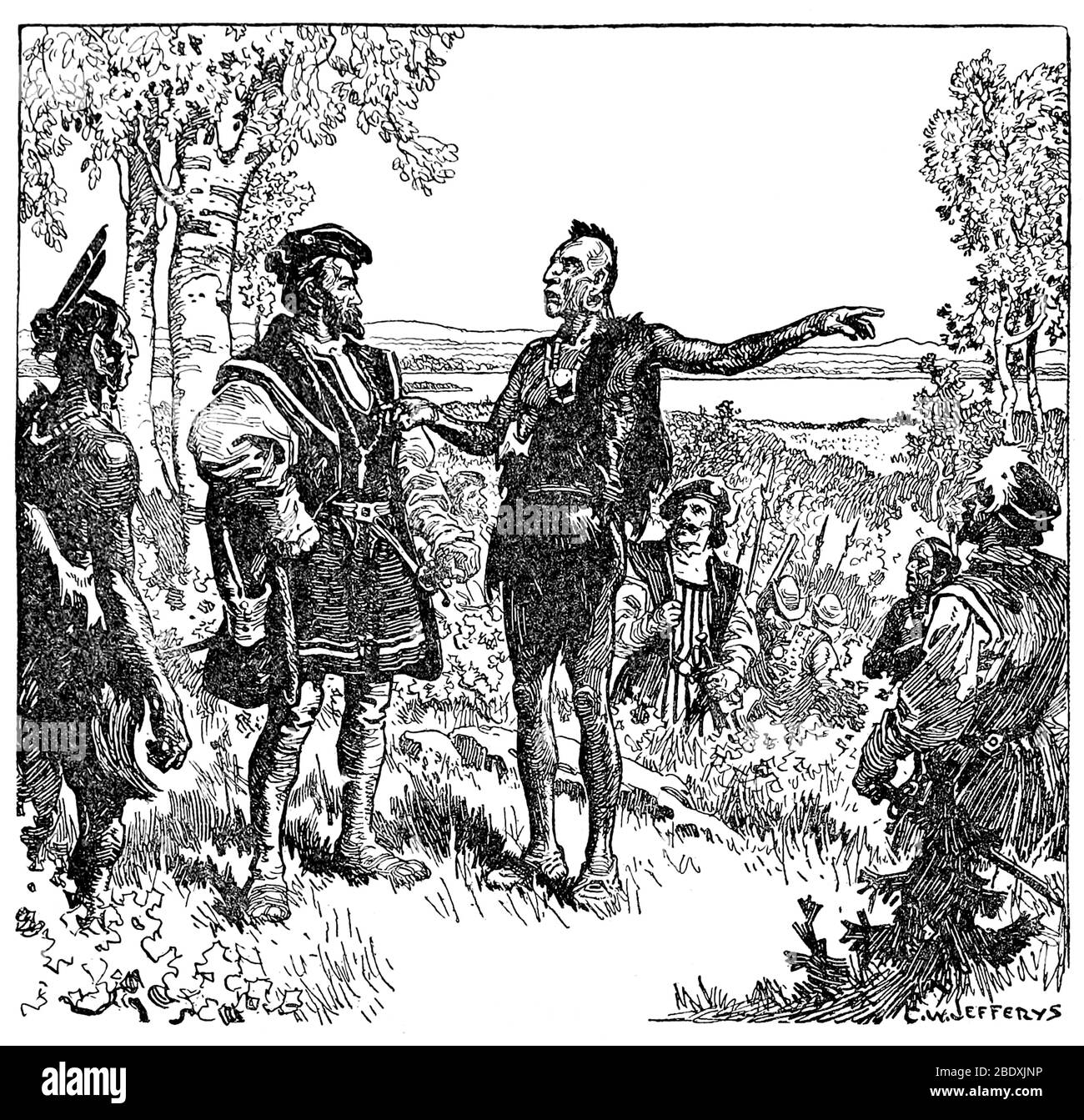 Jacques Cartier salutato dagli Iroquois, 1535 Foto Stock