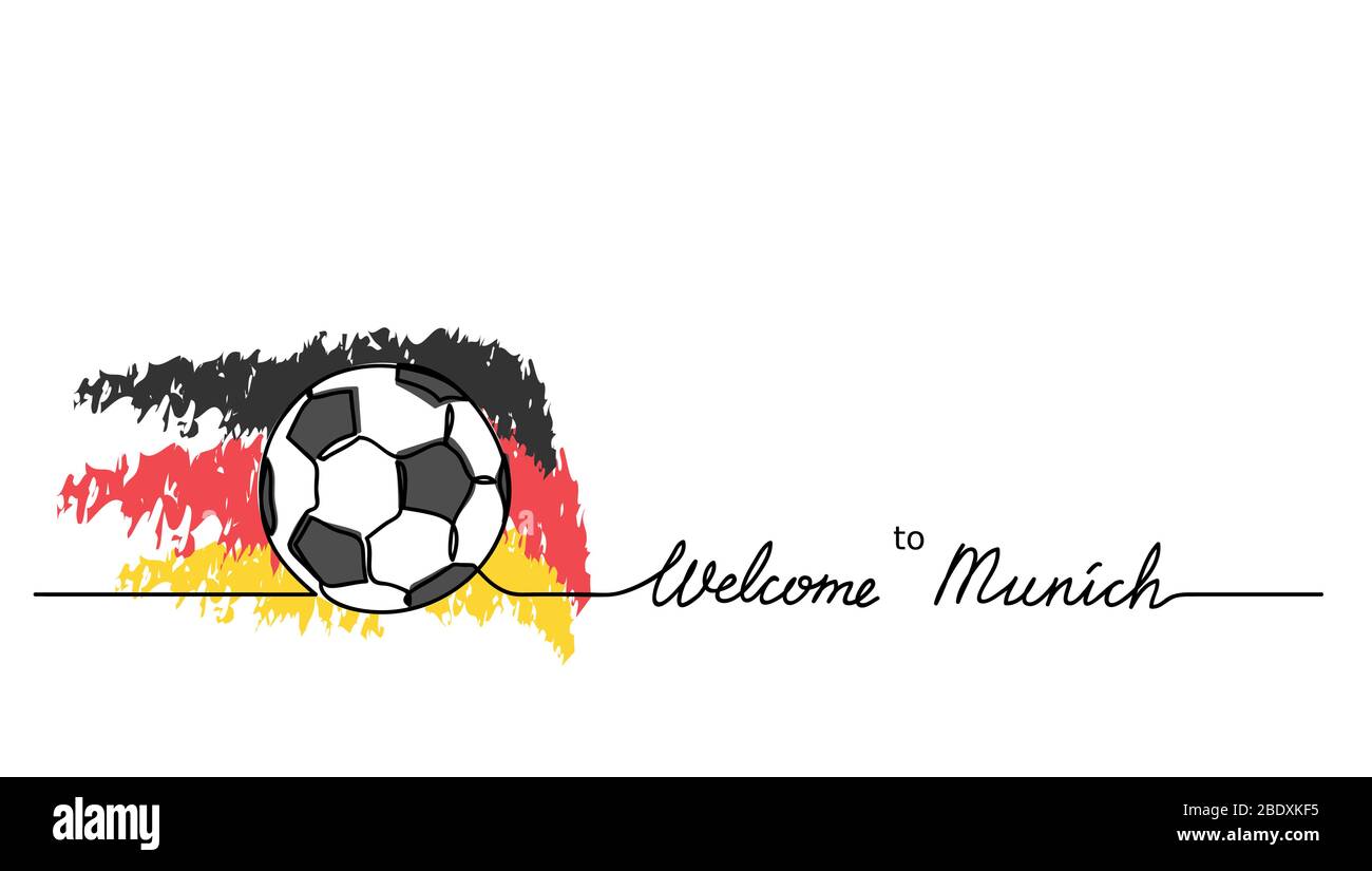 Benvenuti a Monaco semplice calcio, banner calcio. Sfondo vettoriale con schizzo di palla da calcio e bandiera tedesca con lettere. Illustrazione Vettoriale