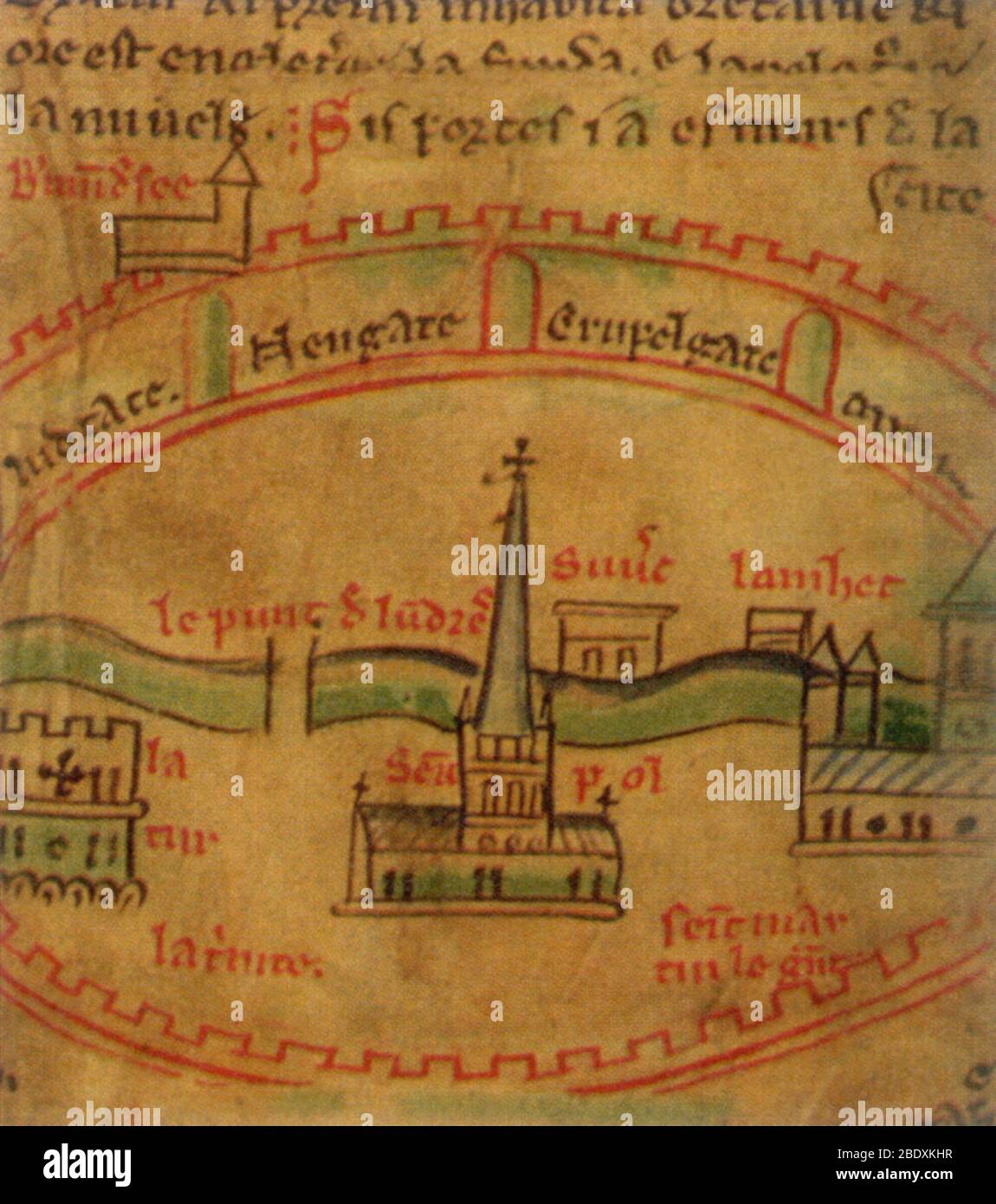 Chronica Majora, particolare della Mappa di Londra, XIII secolo Foto Stock