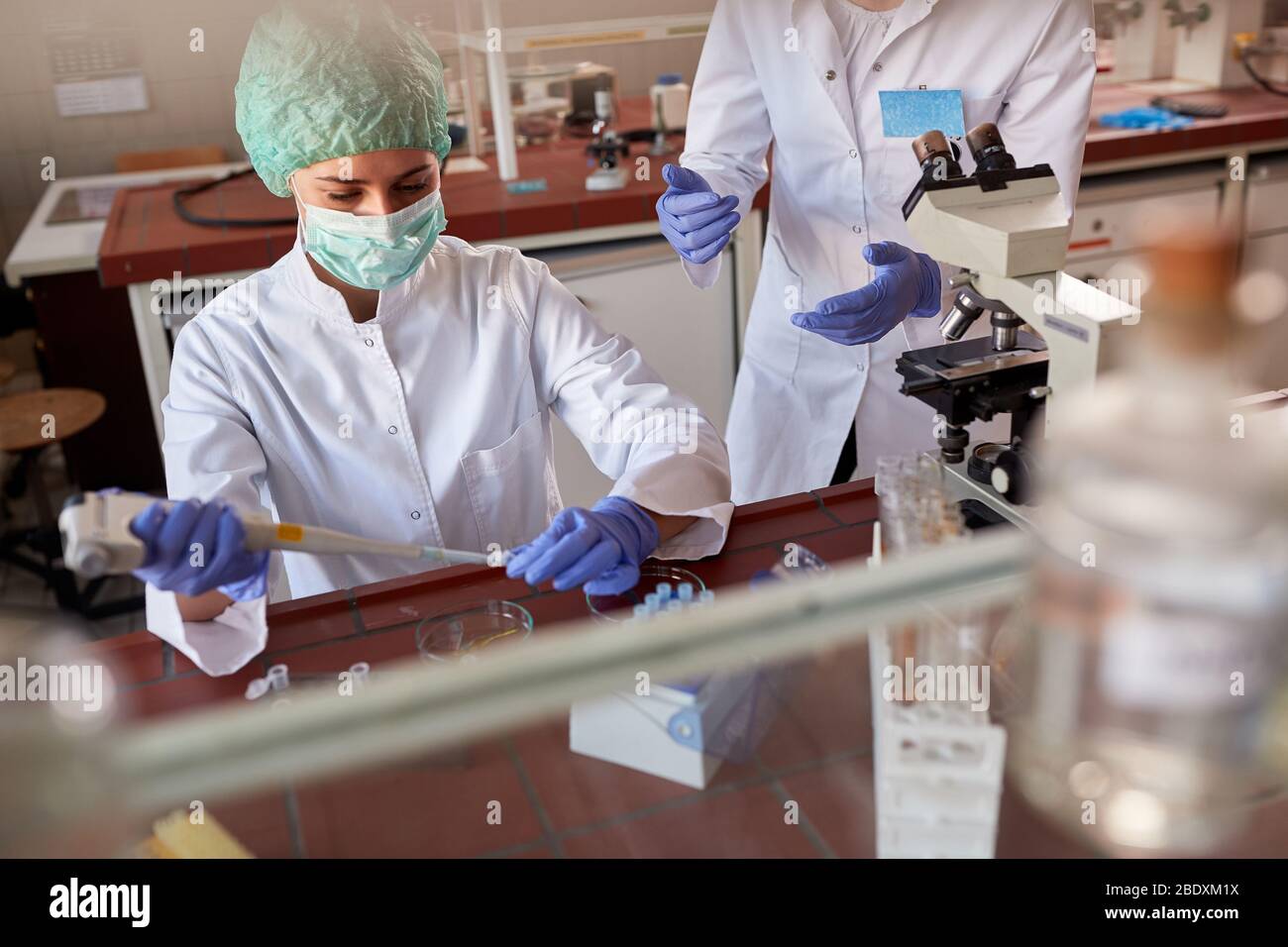 Medici che esaminano campioni su covid-19 in laboratorio di biochimica Foto Stock