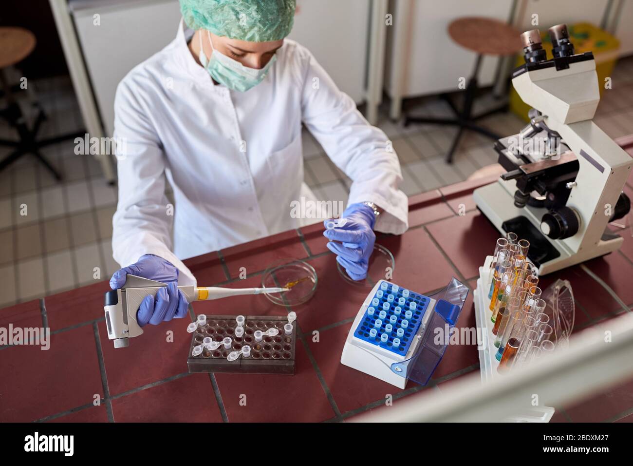 Microbiologo in laboratorio che esegue analisi dei campioni sul virus corona Foto Stock