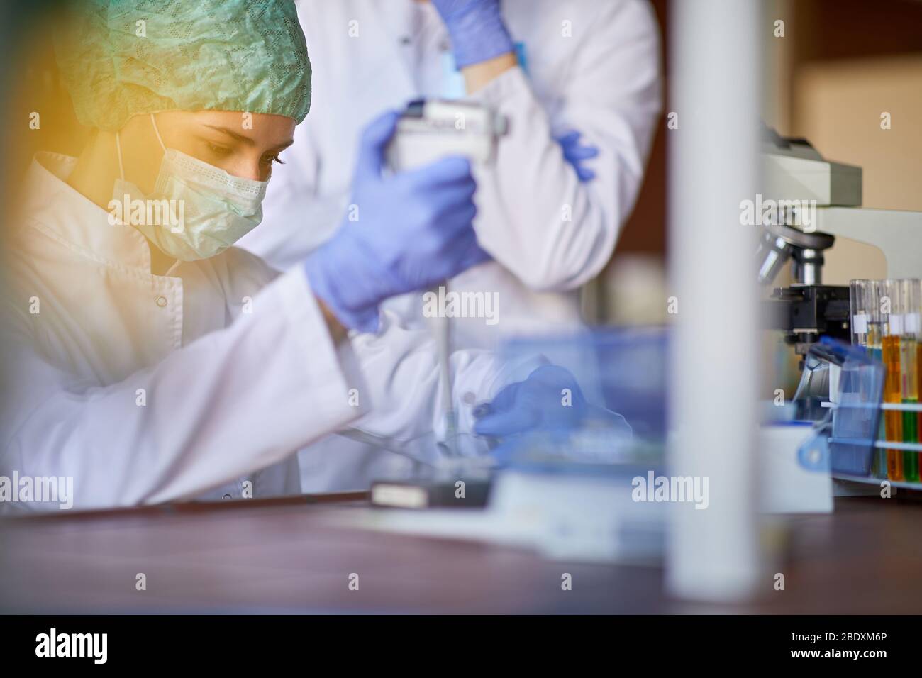 Tecnico di laboratorio che esamina il campione di sangue su un pericoloso virus corona Foto Stock