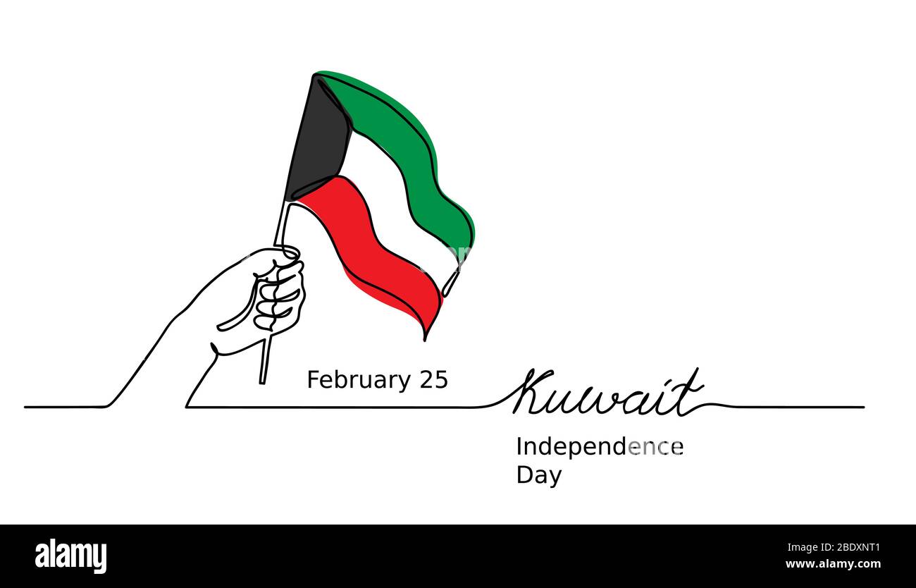 Sfondo vettoriale del Kuwait Independence Day con mano, bandiera e lettere. Una linea continua di disegno sfondo della bandiera Kuwaitiana. Illustrazione Vettoriale