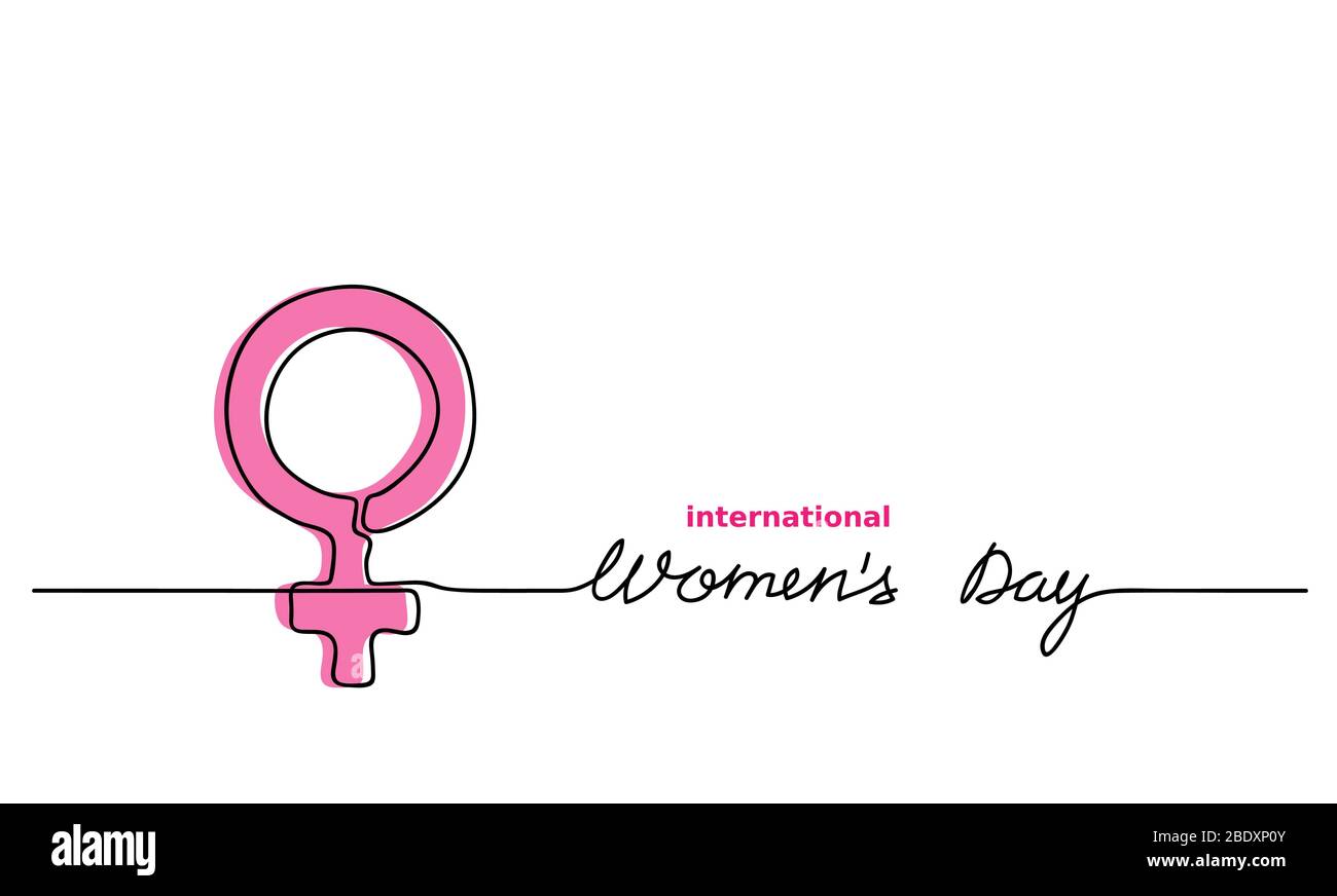 Simbolo o segno rosa donna. Giornata internazionale delle donne. Sfondo vettoriale semplice. Un segno di disegno a linea continua con testo. Illustrazione Vettoriale