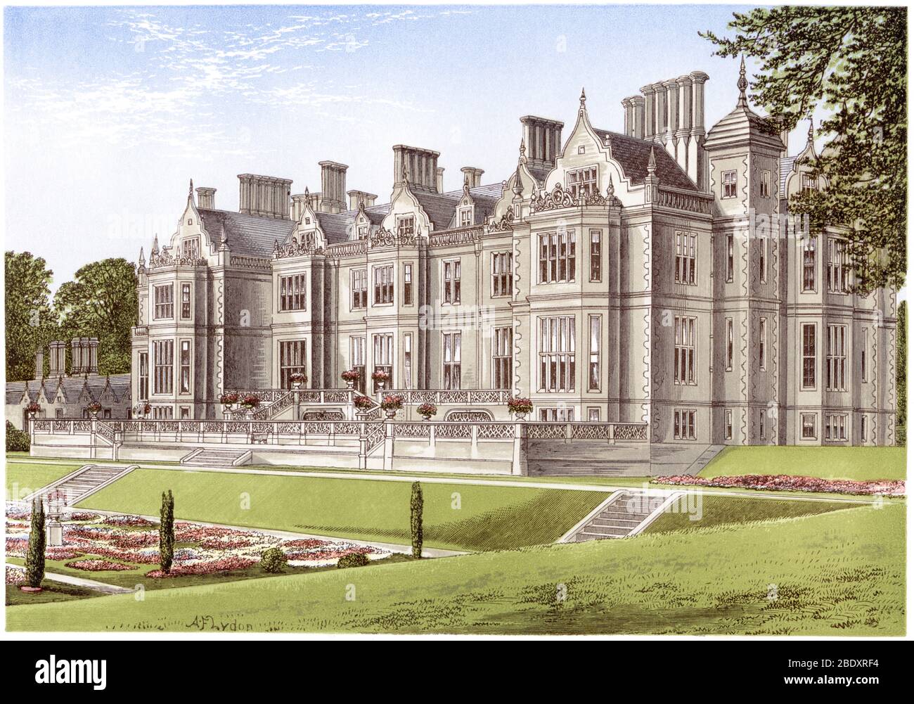 Un'illustrazione colorata della Dartrey House (Castello di Dartrey) County Monaghan, Irlanda scansionata ad alta risoluzione da un libro stampato nel 1870. Foto Stock