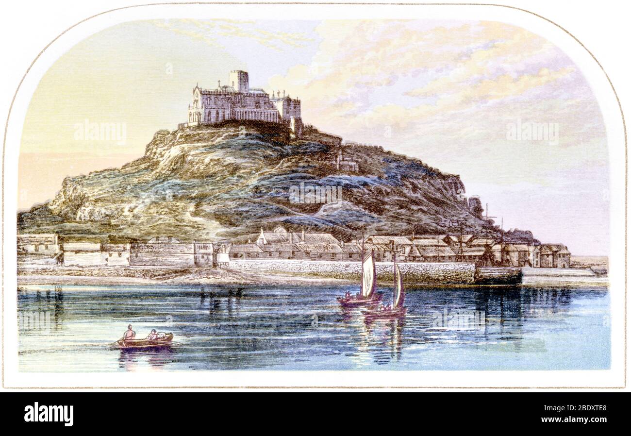 Un'illustrazione colorata di St Michaels Mount, Cornwall UK scansionata ad alta risoluzione da un libro stampato nel 1870. Creduto libero di copyright. Foto Stock
