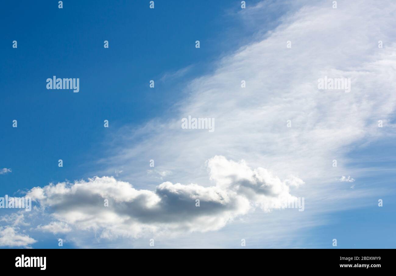Nuvola bianca a forma di piano su cielo blu con coda bianca , Finlandia Foto Stock