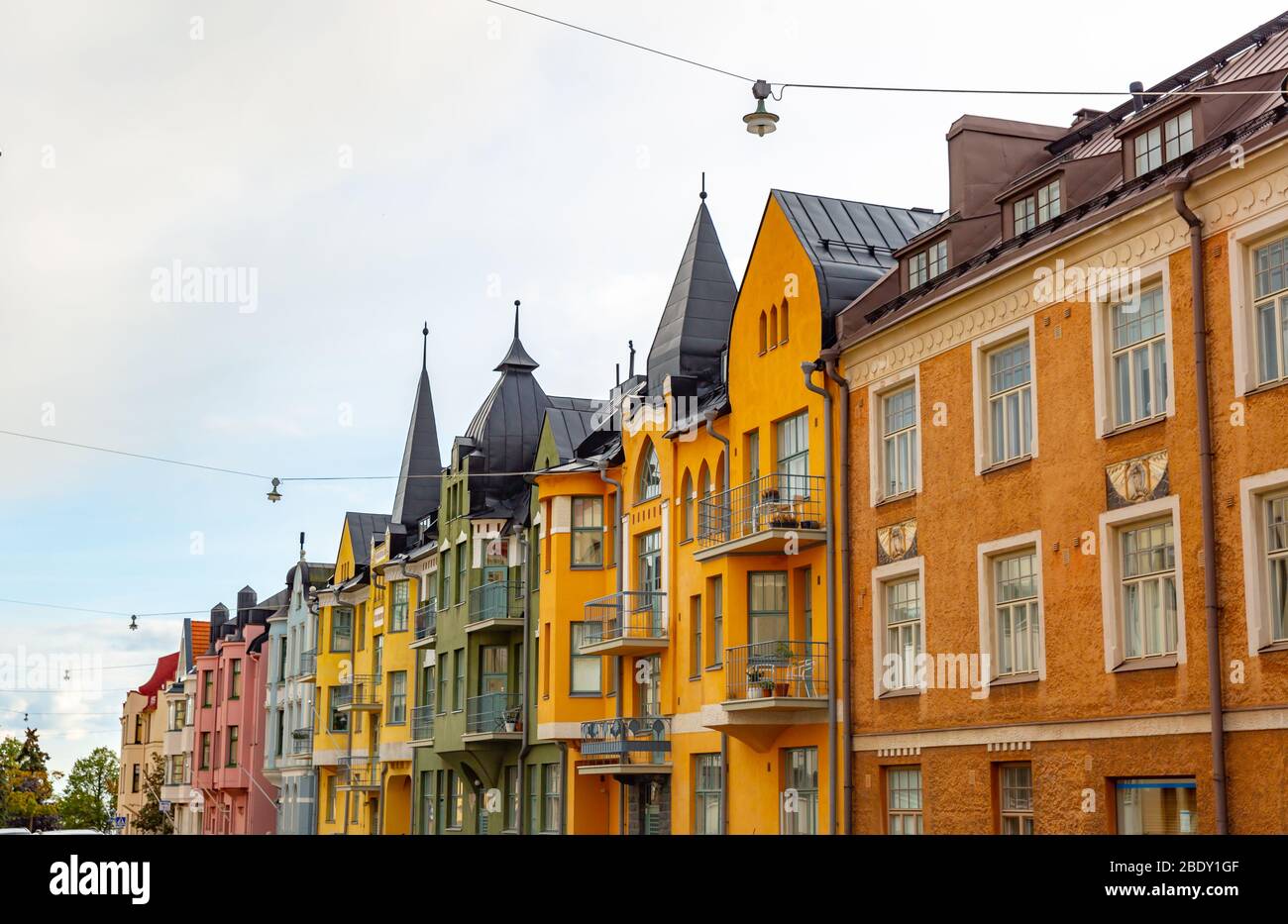 Helsinki case colorate in Street, Helsinki Finlandia. Foto Stock