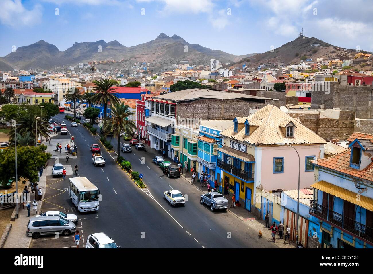 Mindelo/Capo Verde - 9 agosto 2018 - veduta aerea delle strade della città, Sao Vicente Foto Stock