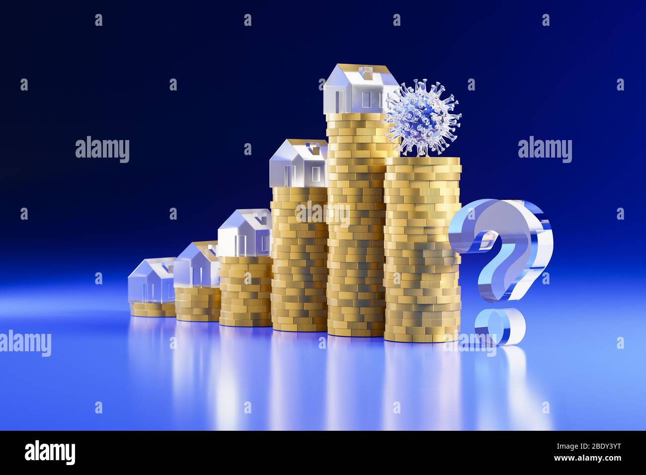 3d render: Concetto: È l'estremo aumento dei prezzi degli alloggi a causa della crisi corona? Pile di monete in euro in aumento con case modello. FAL Foto Stock