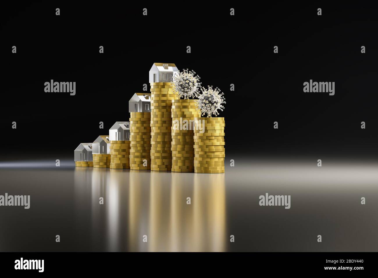3d render: Concetto: È l'estremo aumento dei prezzi degli alloggi a causa della crisi corona? Pile di monete in aumento sormontate da case in acrilico Foto Stock