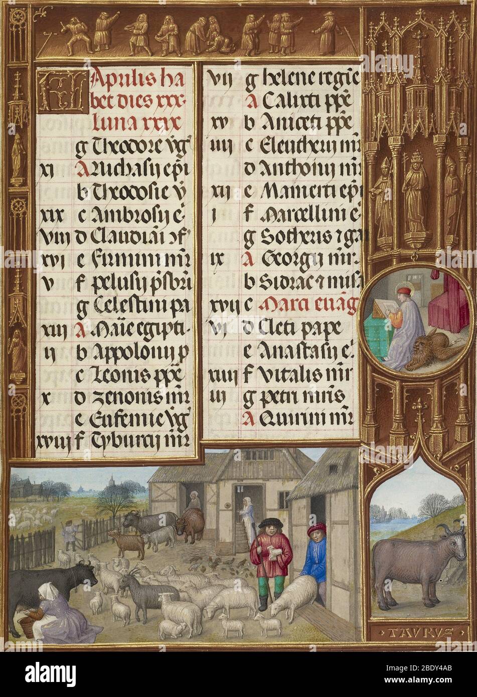 Libro medievale dei giorni, segno del Toro Foto Stock