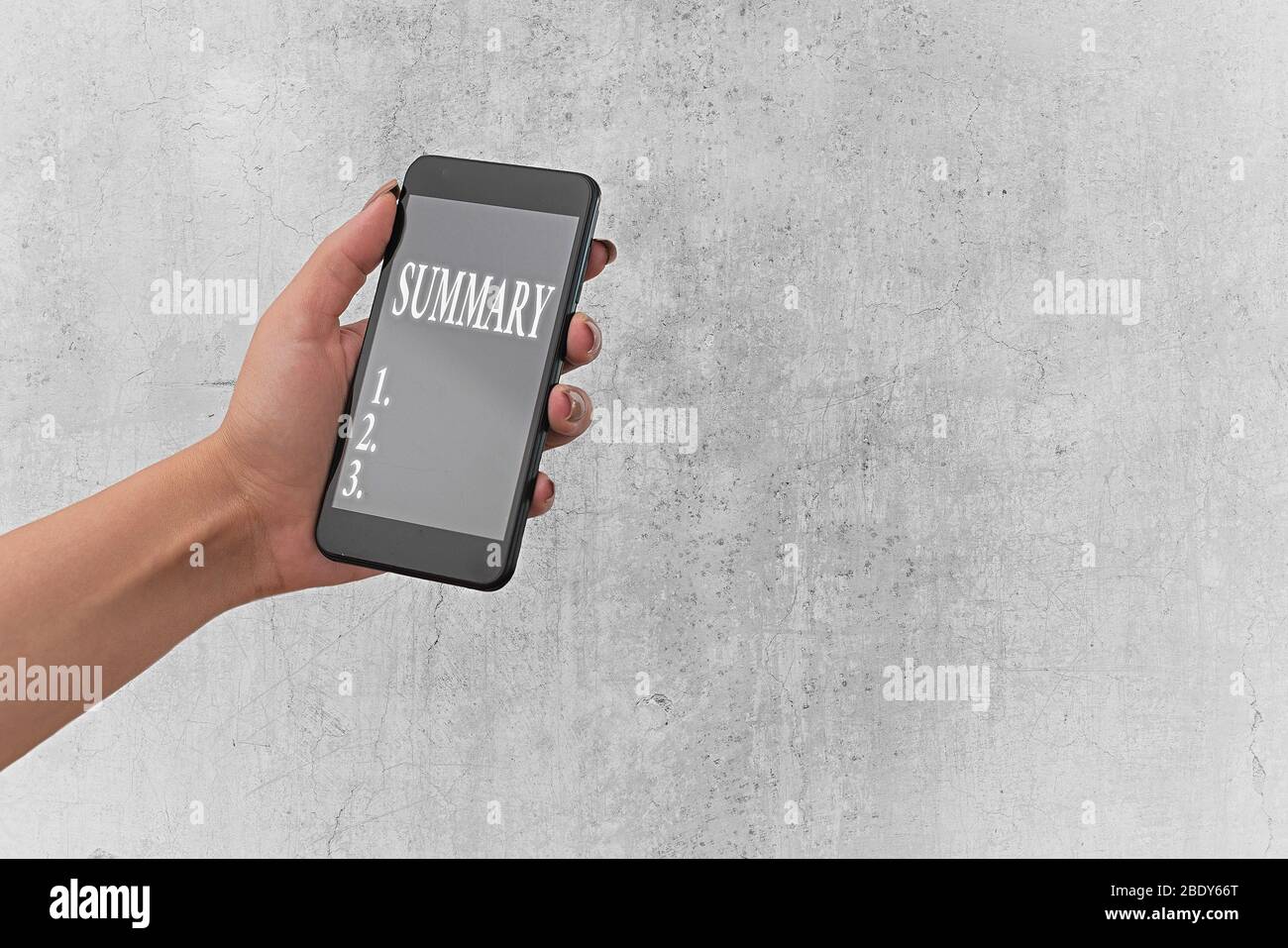 La grafia la scrittura di testo Riepilogo. Foto concettuale una breve dichiarazione o il conto dei punti principali di qualcosa Foto Stock