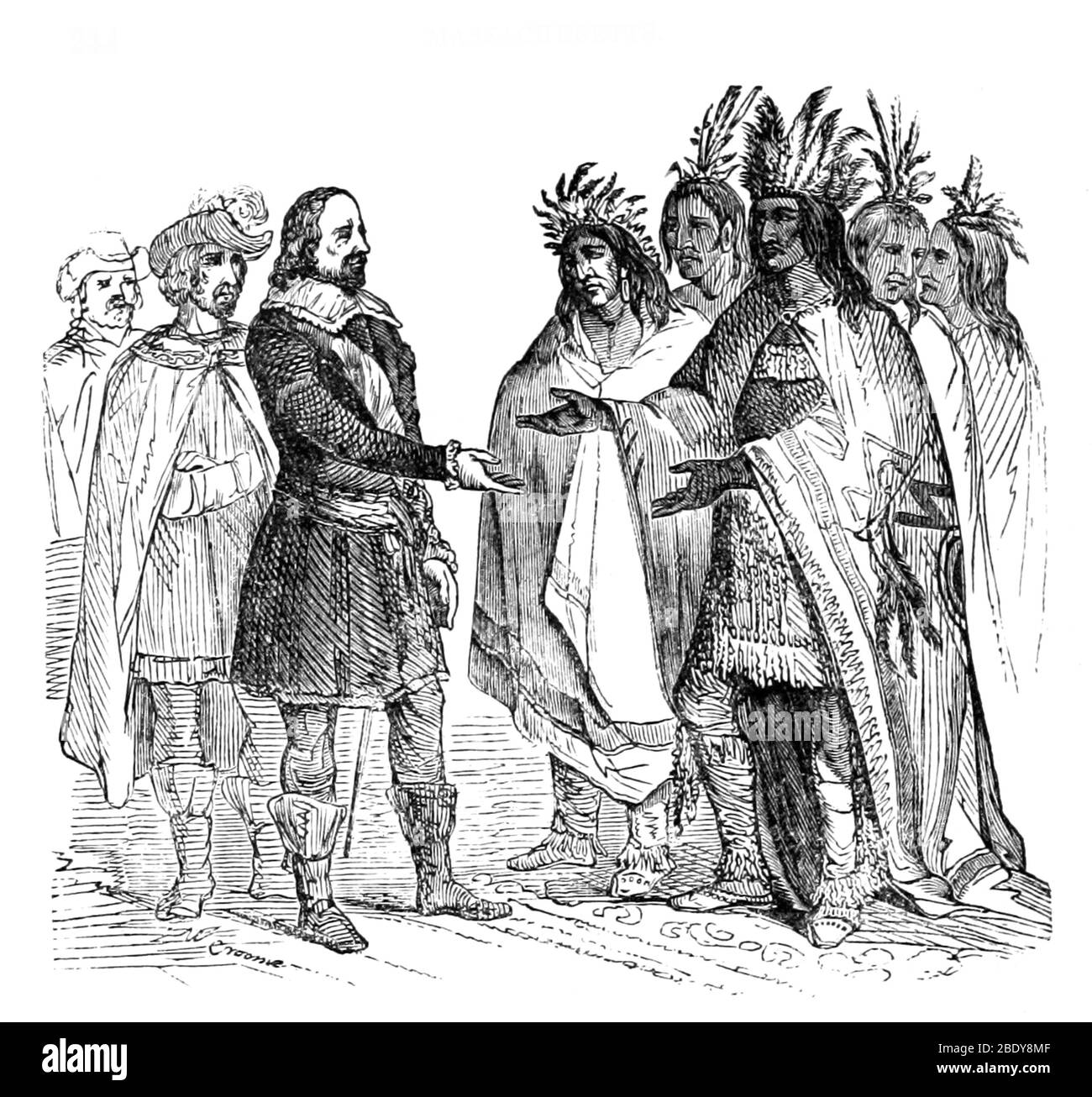 Massasoit forgia trattato con i pellegrini, 1621 Foto Stock